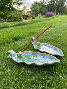 two leaf shaped dishes sitting in the grass with a red stick sticking out of one