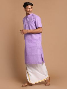 VM By VASTRAMAY Men's Purple Cotton Kurta And Mundu Set Make a style statement with this elegant purple cotton kurta and mundu set from VM By VASTRAMAY. Perfect for traditional occasions, this set is comfortable and stylish, making it a must-have in your ethnic wear collection. Features: Elegant purple color Comfortable cotton fabric Stylish kurta with matching mundu Perfect for traditional occasions Specifications: Brand: VM By VASTRAMAY Color: Purple Material: Cotton Size: Available in multipl Purple Straight Kurta For Diwali, Purple Cotton Kurta For Eid, Festive Purple Cotton Traditional Wear, Fitted Purple Cotton Traditional Wear, Purple Cotton Straight Kurta Set, Purple Straight Kurta Set For Transitional Season, Purple Cotton Silk Straight Kurta, Purple Transitional Straight Kurta, Purple Cotton Traditional Wear With Long Sleeves