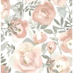 pink flowers and leaves are on a white wallpaper with grey foliage in the background