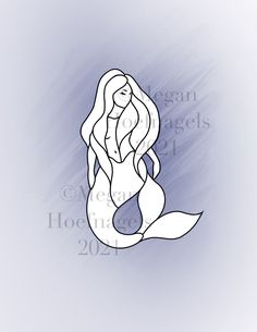 a drawing of a mermaid sitting on top of a blue and white background with the words ocean angels