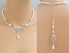 two pictures of necklaces with pearls and diamonds