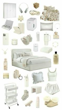 a collage of all white items including a bed, bathtub and toiletries