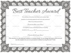 the best teacher award certificate is in black and white, with ornate border around it