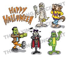 cartoon halloween characters with the words happy halloween