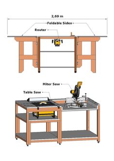 the table saw and router are shown with measurements