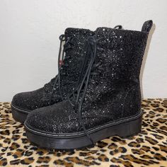 Nwt Unionbay “Kiwi” Black Glitter Combat Boots Size 7 Women’s Sparkling Round Toe Boots For Fall, Sparkling Round Toe Boots For Night Out, Glitter Boots For Night Out In Winter, Sparkling Winter Boots With Round Toe, Glitter Ankle-high Boots For Night Out, Glitter Round Toe Boots For Night Out, Winter Glitter Print Boots With Round Toe, Winter Boots With Glitter Print And Round Toe, Winter Boots With Glitter Accents And Round Toe