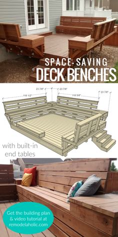 an outdoor deck with built in benches and seating