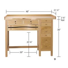 a wooden desk with drawers and measurements