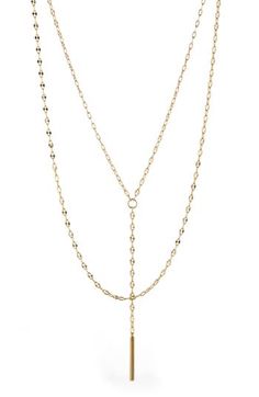 A sleek bar pendant adds minimalist elegance to a pre-layered Y-necklace featuring a duo of delicate chains with crimped links for a sweet flourish. 16" length; 2" extender 18k-gold plate Imported Double Strand Lariat Necklace With Adjustable Chain For Layering, Minimalist Double Strand Lariat Necklace With Adjustable Chain, Double Strand Lariat Necklace With Clavicle Chain For Layering, Chic Long Drop Necklace With Delicate Chain, Dainty Double Chain Lariat Necklace For Layering, Minimalist Double Chain Lariat Necklace, Minimalist Layered Dangle Necklace With Adjustable Chain, Delicate Layered Lariat Necklace With Delicate Chain, Adjustable Long Drop Lariat Necklace For Layering