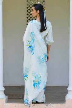 Ivory handwoven saree featuring poppy floral print all over with contrast stripe pattern on the border with hemming detail. - Aza Fashions Ivory Saree, Floral Print Sarees, Saree For Women, Kurta Dress, Blue Poppy, Printed Sarees, Handloom Saree, Ivory Color, Blouse Dress