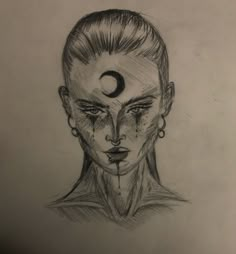 a pencil drawing of a woman's face with the moon in her eyes and nose