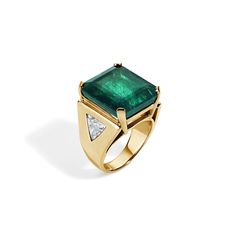 The Vintage Emerald Cut Emerald Ring is part of our curated one-of-a-kind Vintage Collection. This vintage cocktail ring features an emerald cut emerald center stone flanked with trillion cut diamond side stones. Available in 18K Yellow Gold Available in a size 6.75 Ring can not be resized Emerald size = 17.06 x 15.59 x 8.82mm Diamond weight and quality = Natural beryl emerald = 20.59 carats, Clarity Enhanced FW2 2 trillion cut diamonds = 1.5 carats, Color H, clarity SI1/SI2 GIA certified Estima Emerald Cut Emerald Ring, Stephanie Gottlieb, Vintage Cocktail Ring, Soft Toothbrush, Ring Sale, Vintage Cocktail, 1980s Vintage, Emerald Ring, Cocktail Ring