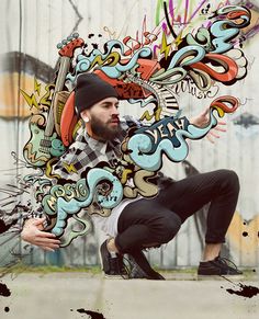 a man sitting on top of a skateboard in front of graffiti covered wall with the words dance club