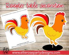 a paper cut out of a rooster on top of a wooden table with the words, dester table decoration