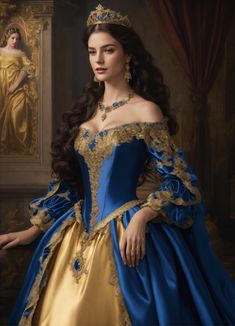 Queen Gowns Royal, Royal Dresses Princesses, Gold And Blue Dress, Royal Dresses Queens Fantasy, Queen Dress Royal, Royalty Gown, Gown Ruffles