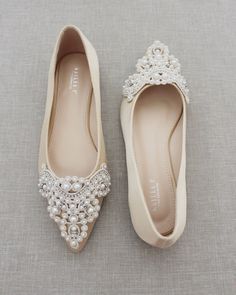 "Vintage pearls and rhinestones applique adorning simple yet chic pointy toe flats. Easy slip on with comfort for bride and wedding party. FIT: THIS STYLE RUNS LARGE, PLEASE ORDER 1/2 SIZE DOWN FROM YOUR NORMAL SIZE DETAILS: COLORS AVAILABLE: White, Off White, Dark Beige, Dusty Pink, Light Blue, Pink, Champagne and Royal Blue Satin UPPER: Synthetic upper and lining MATERIALS: Mandmade outsole STYLE NAME: VANITA Not sure of which size to purchase? Shoes measurements are as follow: (Please note me Pink Flat Wedding Shoes, Bridesmaid Flats, Fall Wedding Shoes, Wedding Shoes Bridesmaid, Shoes Bridesmaid, Vintage Applique, Champagne Rose, Women's Slip Ons, Wedding Shoes Flats