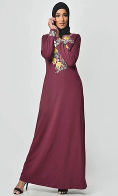 Floral Garden Embroidered Abaya - Maroon - EastEssence.com Casual Long Sleeve Abaya With Modesty Panel, Long Sleeve Abaya With Modesty Panel For Fall, Fall Long Sleeve Abaya With Modesty Panel, Casual Fall Abaya, Spring Abaya With Modesty Panel, Casual Long Abaya For Fall, Casual Long Fall Abaya, Casual Long Sleeve Dresses For Eid, Casual Winter Abaya