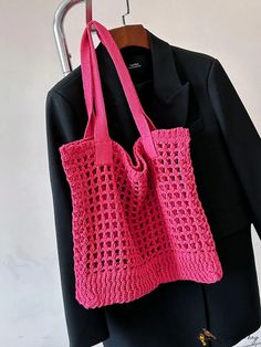 BirdinBag - Large Capacity Crochet Bag with Neon Pink Hollow Out Design Tropical Style, Crochet Bags, Handle Bag, Womens Tote Bags, Crochet Bag, Neon Pink, Pink Yellow, Hot Pink, Bag Lady