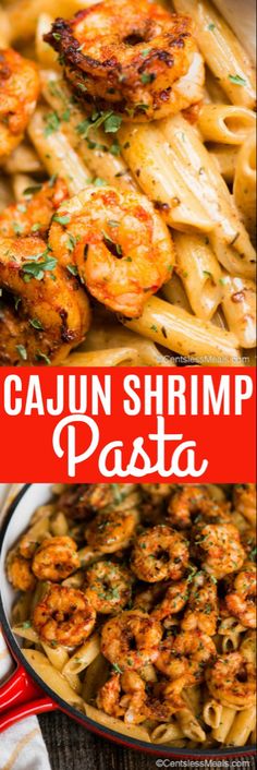 cajun shrimp pasta in a skillet with text overlay