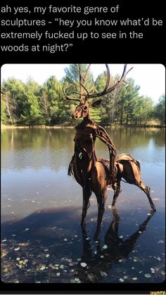 two deer statues standing in the water with their backs turned to look like antlers