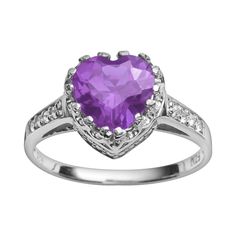 She'll always cherish how this lovely heart crown ring sparkles.Ring Details:    Width: 10 mm    Metal: rhodium-plated sterling silverStone Details:    Stone type: genuine amethyst, lab-created white sapphire    Cut: heart, round    Setting: prong Size: 8. Color: Purple. Gender: unisex. Age Group: adult. Purple Heart Ring For Wedding On Valentine's Day, Purple Heart Ring For Valentine's Day Wedding, Purple Heart Cut Ring For Valentine's Day, Valentine's Day Purple Heart-cut Heart Ring, Heart Cut Amethyst Ring For Anniversary, Heart Cut Ring With Accent Stones, Sapphire Stones, Heart Crown, Sparkling Rings