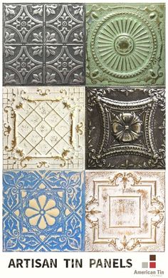 an advertisement for the american tin ceiling tile company, featuring four different colors and designs