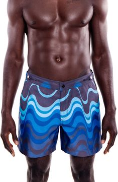 Lightweight, quick-drying fabric takes you from the party to the pool and back in flat-front swim trunks that double as easy-wearing shorts when you're on land. They're crafted with 100% recycled fibers to make a smaller eco splash and sport a trio of pockets for easy storage of essentials. Style Name:Prince & Bond Elvio Tailored Wave Print Hybrid Swim Trunks. Style Number: 6589857. Multicolor Fitted Swim Trunks For Pool, Blue Swim Trunks For Water Polo, Beachwear Swim Trunks For Water Polo, Blue Nylon Bottoms For Water Polo, Beach Season Water Polo Swim Trunks, Fitted Summer Swim Trunks For Water Sports, Fitted Blue Swim Trunks For Water Polo, Blue Fitted Swim Trunks For Water Polo, Blue Fitted Swim Trunks For Swimming