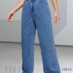 Ebeek - Womens Blue Loose-Fit Baggy Jeans with Wide Legs and Slant Pockets - Non-Stretch Denim Apparel Baggy High Waist Solid Jeans, High Waist Baggy Solid Jeans, Casual Solid High Rise Jeans, Casual Solid High-rise Jeans, High Waist Relaxed Fit Jeans, Solid High Rise Relaxed Fit Jeans, High Rise Solid Relaxed Fit Jeans, Solid Denim Bottoms, High Rise Solid Color Flare Jeans Casual