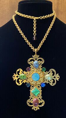 Rare Vtg. MASSIVE Philippe Ferrandis Runway Gripoix Cross Pendant Necklace | eBay Designer Multi-stone Gold Jewelry, Designer Gemstone Jewelry For Evening, Designer Cabochon Jewelry Gift, Designer Cabochon Jewelry As A Gift, Designer Cabochon Jewelry As Gift, Designer Cabochon Jewelry For Gifts, Designer Yellow Gold Cabochon Jewelry, Designer Gold Jewelry With Cabochon, Designer Hallmarked Jewelry For Collectors