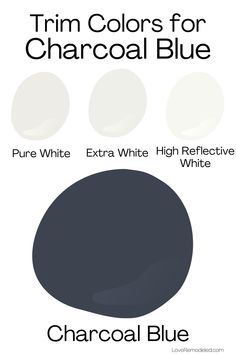 the color scheme for charcoal blue is shown in three different shades, including black and white