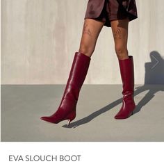 Eva - The Perfect Slouch Boot For Fall. Softest Burgundy Nappa Leather In The Season's Must Have Slouch Silhouette. The 55mm Kitten Heel Make The Eva Slouch Boot Both Chic And Comfortable. Perfect With Everything From Jeans, To Midi Length Skirts And Dresses, To Wide Leg Pants Or Just Beautiful Bare Legs. These Go Fast From The Retailers Shop! Cherry Red Knee High Boots, Red Knee High Boots, Skirts And Dresses, Slouched Boots, Midi Length Skirts, Just Beautiful, Shoe Closet, And Dresses, Kitten Heel