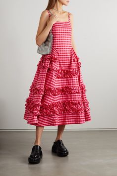 Summer Gingham Dress, Gingham Outfit, Spring Midi Dress, Pink Gingham Dress, Midi Dress Pink, Gingham Fashion, Pink Ruby, Ruffled Skirt, Gingham Dress