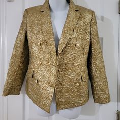 Sizes 4, 8 Myla Metallic Designer Gold Blazer For Formal Occasions, Designer Gold Blazer, Designer Single-breasted Gold Blazer, Designer Gold Blazer With Gold Buttons, Gold Single Breasted Blazer For Evening, Gold Single-breasted Blazer For Evening, Designer Gold Single-breasted Outerwear, Designer Gold Single Breasted Outerwear, Designer Gold Long Sleeve Blazer