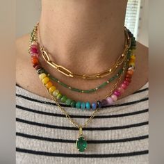 Discover The Beauty Of Our Exquisite Hand-Knotted Rainbow Necklace, Crafted With A Vibrant Array Of Natural Semi-Precious Gemstones. Each Bead, Including Jade, Amethyst, Amazonite, Tourmaline, Cherry Quartz, Carnelian, Citrine, Agate, Moonstone, Dalmatian Jasper And More Has Been Carefully Selected For Its Unique Color And Energy. Expertly Hand-Knotted On A Durable Silk Cord, This Necklace Offers Both Elegance And A Touch Of Bohemian Charm. Perfect For Adding A Splash Of Color To Any Outfit Or For Embracing The Healing Properties Of These Diverse Stones. Treat Yourself Or A Loved One To This One-Of-A-Kind Piece! Length 18.5” Beads 8x5mm Personalize Your Necklace With Your Choice Of C Cherry Quartz, Dalmatian Jasper, Rainbow Necklace, Silk Cord, Gold Work, Jewelry Lookbook, Precious Gemstones, Healing Properties, Semi Precious Gemstones