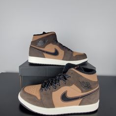 Nike Air Jordan 1 Mid Se Earth Tone Chocolate Dc7294-200 Rare Colorway Sz 9. All My Products Are Authentic. Please Feel Free To Contact Me With Any Questions. Leather Jordan Lace-up Shoes, Leather Jordan Shoes With Cushioned Footbed, Leather Jordan Shoes With Cushioned Footbed Lace-up, Brown Suede High-top Sneakers, Brown Jordan Sports Shoes, Mid-top Leather Jordan Shoes, Sporty Brown Lace-up Jordan Shoes, Brown Suede High-top Sneakers For Streetwear, Leather Lace-up Jordan Shoes