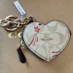 Nwt Coach Heart Bag Charm Coin Purse Signature Canvas With Hearts And Shooting Stars Coach Heart Bag, Birthday Stuff, Phone Holster, Heart Bag, Car Personalization, Signature Canvas, Coach Accessories, Shooting Stars, Key Card Holder