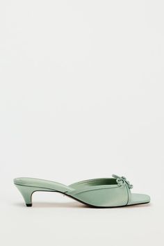 HEELED MULES WITH BOW | ZARA United States Elegant Green Kitten Heels For Summer, Spring Green Formal Kitten Heels, Spring Formal Green Kitten Heels, Spring Kitten Heels With Heel Loop, Spring Green Kitten Heels For Formal Occasions, Feminine Formal Low Heel Sandals, Formal Feminine Low Heel Sandals, Chic Green Kitten Heels For Summer, Summer Formal Open Toe Kitten Heels