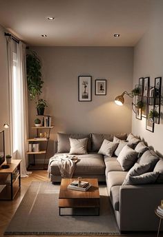 a living room filled with lots of furniture next to a wall mounted clock and window