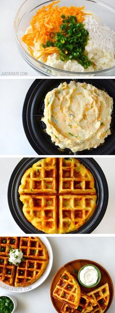 four different types of waffles with various toppings