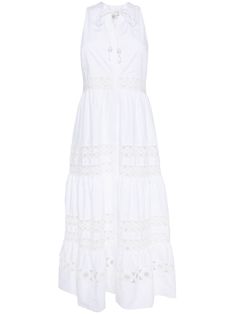 optical white cotton embroidered design round split neck front tie fastening concealed front button fastening sleeveless tiered skirt straight hem mid-length White Cotton Maxi Dress With Broderie Anglaise, Cotton Broderie Anglaise Maxi Dress, White Broderie Anglaise Sleeveless Maxi Dress, White Sleeveless Broderie Anglaise Maxi Dress, White Sleeveless Maxi Dress With Broderie Anglaise, Elegant Tiered Cotton Midi Dress, Beach Cotton Midi Dress With Broderie Anglaise, Cotton Midi Dress With Broderie Anglaise For Daywear, Sleeveless Midi Dress With Broderie Anglaise For Vacation