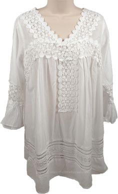 Summer Tunic Top with Crochet Lace - Let your free spirit loose in this airy tunic that floats weightlessly over sun-kissed skin.  A fresh new glorious top that is easy and exotic, this distinctive cotton tunic is perfect for casual wear. #tlb #White #XLPlus Spring Lingerie, Boho Fairy, Kashmiri Embroidery, Feminine Clothing, Tunic Tops Summer, Bohemian Tunics, White Blouses, Summer Tunic, Summer Tunics