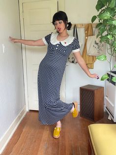 1970s nylon polka dot maxi dress with the cutest rounded collar and a lil rose applique. Obsessed!  PTP 17-21" Empire waist 14.5-17.5" Natural waist 18.5" + stretch  Hips 24" + stretch  Length 56" Retro Polka Dot Dress For Daywear, Retro Polka Dot Day Dresses, Retro Full-length Fitted Dress, Retro Fitted Full-length Dress, Full Length Fitted Retro Dress, Retro Fitted Maxi Vintage Dress, Fitted Retro Maxi Vintage Dress, Fitted Retro Maxi Length Vintage Dress, Twee Fashion Outfits