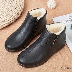 Lasaky - Winter Cotton Boots - Comfortable Soft Sole Short Boots with Added Insulation for Warmth - Flat Cotton Leather Shoes Leather Shoes Brand, Womens Leather Ankle Boots, Winter Footwear, Black Snow Boots, Mom Shoes, Heels Patterns, Fashionable Snow Boots, Warm Shoes, Warm Boots