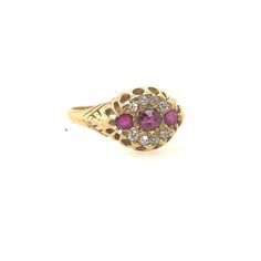 Beautiful, antique, Victorian ring with three old cut rubies and eight old cut diamonds, all crafted in 18k yellow gold.  Fantastic cluster of stones,  the rubies could be Burmese.  Ring measures 2cm x9mm and weighs 3.3grams.  Ring size 9.  Ring is from a London estate.   Rubies.50cttw Diamonds .24cttw Antique Ruby Ring With Single Cut Diamonds, Yellow Gold Ruby Rings With Single Cut Diamonds, Vintage Ruby Rings With Single Cut Diamonds, Heirloom Ruby Ring With Single Cut Diamonds, Antique Ruby Rings With Single Cut Diamonds, Yellow Gold Diamond Ring With Rose Cut Ruby, Victorian Multi-stone Yellow Gold Diamond Ring, Antique Red Diamond Ring With Rose Cut Diamonds, Antique Multi-stone Yellow Gold Cluster Ring