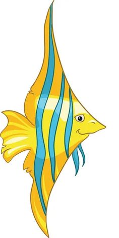 a yellow fish with blue stripes on it's body and its tail is shown