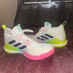 I’ve Only Worn These Shoes 2 Times Due To Them Being Too Big For Me And It Being My Last Season Of Volleyball, Amazing Pair Of Shoes Overall And Would Love To Sell Them To A Player!! Adidas Multicolor Basketball Shoes, Adidas Multicolor Sporty Basketball Shoes, White Sneakers With Boost Midsole For Pickleball, Adidas White Basketball Shoes For Training, White Lace-up Sneakers For Pickleball, Colorful Volleyball Shoes, Adidas Volleyball Shoes, Adidas Shoes Women, Volleyball Shoes