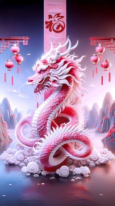 a red and white dragon sitting on top of a body of water