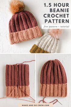 the crochet beanie pattern is shown in three different colors and has a pom