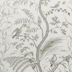 a wallpaper with birds and plants on it's side, in grey tones