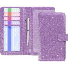 a purple glittered notebook with a pen in it and a clipboard attached to the cover